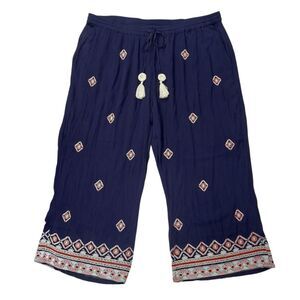 Sundance Niovi Pants Womens PXL Navy Wide Leg Cropped Embroidered Boho Tassel
